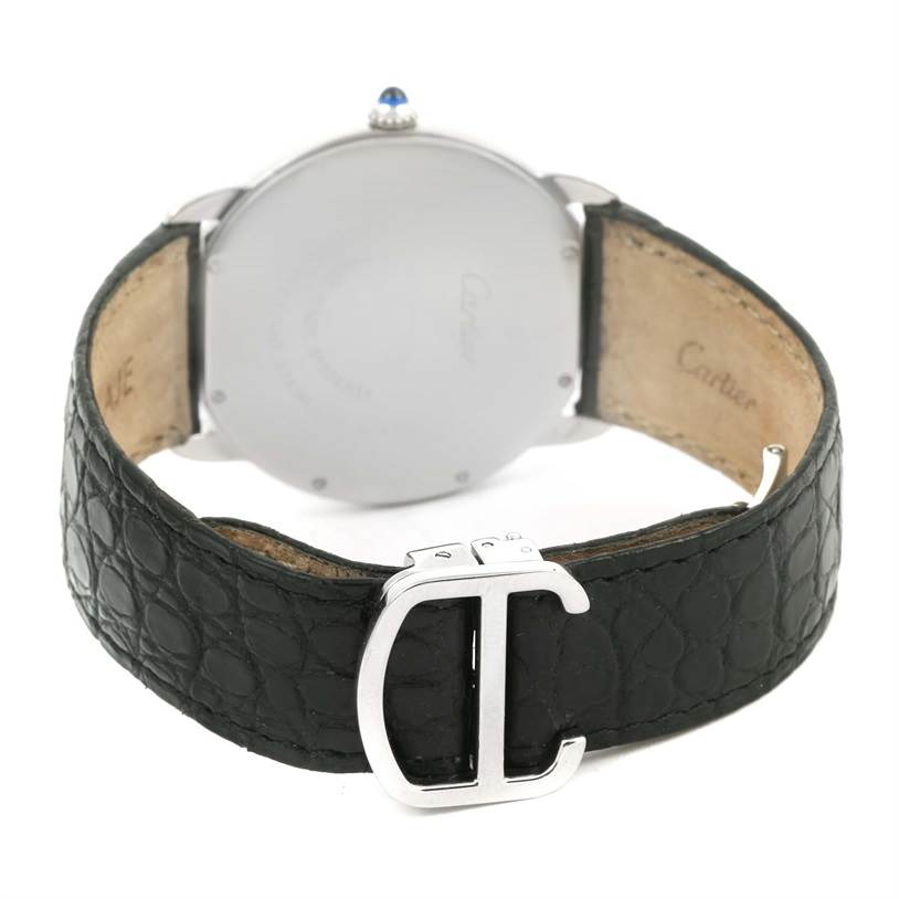 The image shows the back view of a Cartier Ronde W6700255 Stainless Steel Silver Dial W6700255 Stainless Steel Silver Dial model watch with its distinctive black leather strap and Cartier-branded buckle.