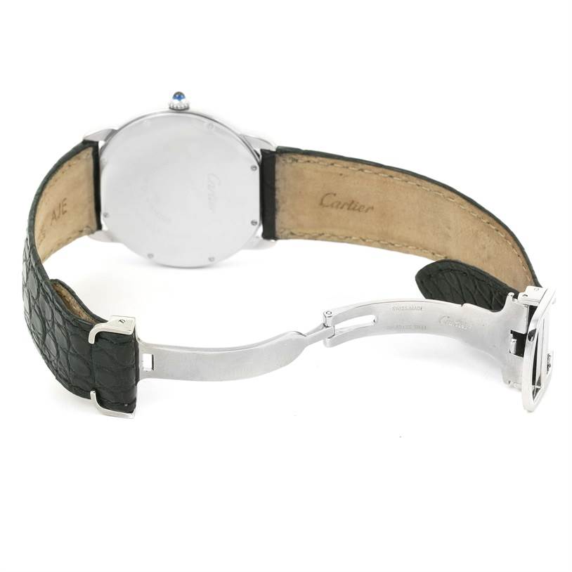The image shows the back view of the Ronde model by Cartier, including the case back, leather strap, and deployment clasp.