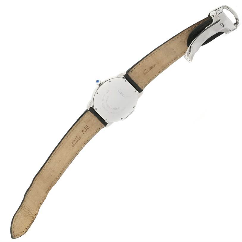 The image shows the back and side profile of the Cartier Ronde W6700255 Stainless Steel Silver Dial W6700255 Stainless Steel Silver Dial watch, including its leather strap and buckle.