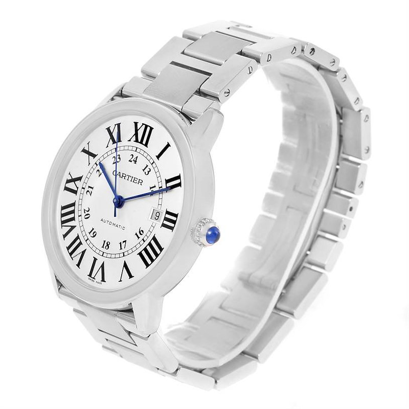 This is a side angled view of the Ronde model watch by Cartier, showcasing the dial, bracelet, and crown.