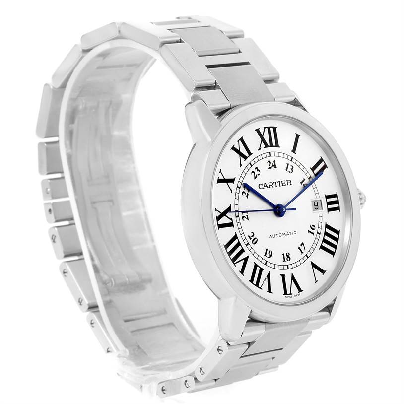 The image shows a Ronde model by Cartier at a 3/4 angle, displaying the face, bezel, crown, and partially open metal bracelet.