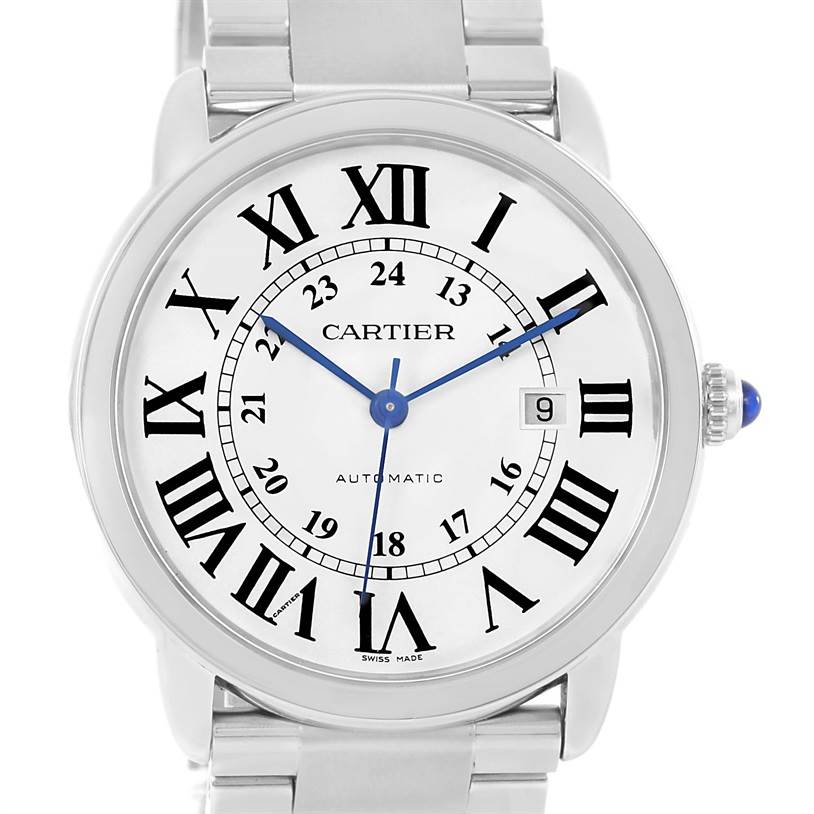 This image shows a front view of a Cartier Ronde W6701011 Men's Stainless Steel Silver Dial W6701011 Men's Stainless Steel Silver Dial watch, displaying its dial, hands, and part of the strap.