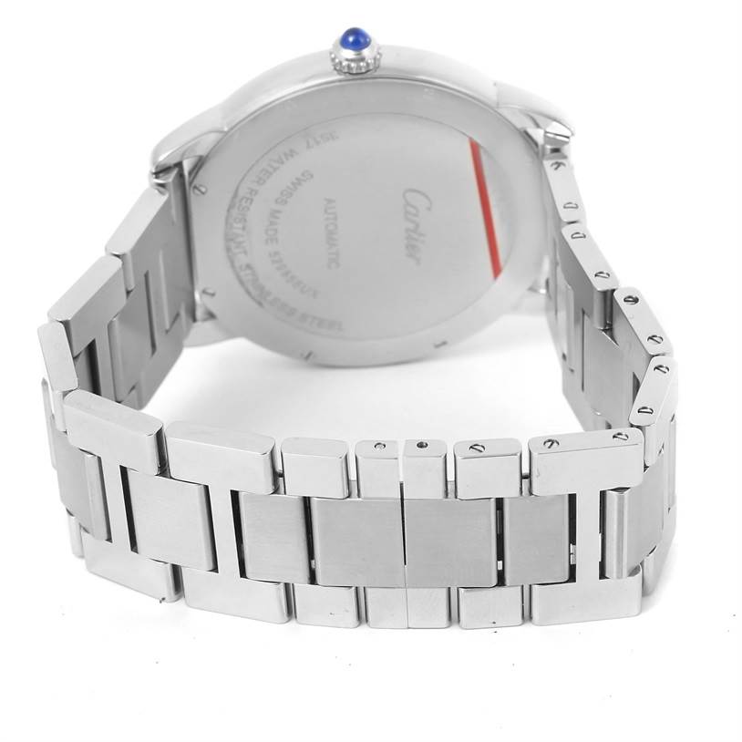 The image shows the back and partially open bracelet of a Cartier Ronde W6701011 Men's Stainless Steel Silver Dial W6701011 Men's Stainless Steel Silver Dial model watch, capturing the case back and bracelet links.