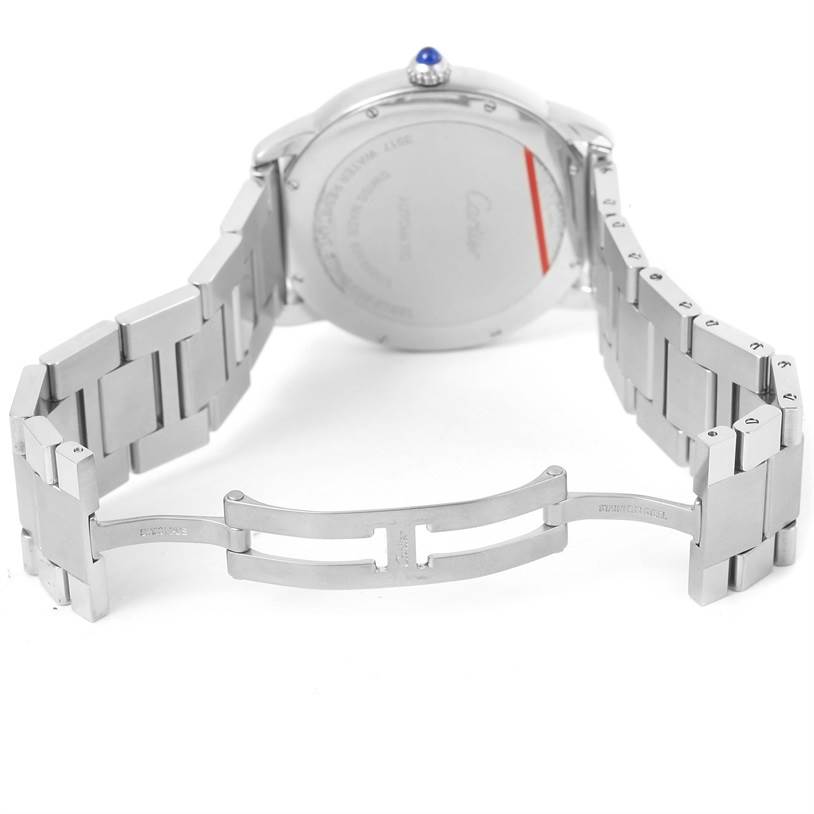 The image shows the back of a Cartier Ronde W6701011 Men's Stainless Steel Silver Dial W6701011 Men's Stainless Steel Silver Dial watch, including the opened stainless steel bracelet and clasp.