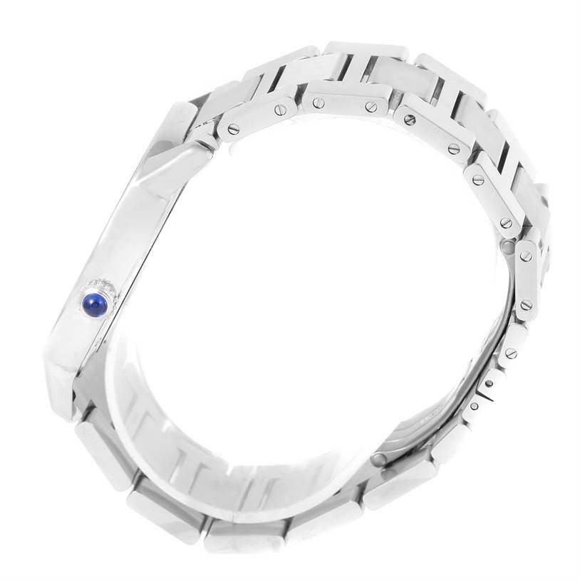 This image shows the side profile and bracelet of the Cartier Ronde W6701011 Men's Stainless Steel Silver Dial W6701011 Men's Stainless Steel Silver Dial model, highlighting the crown with a blue gem.