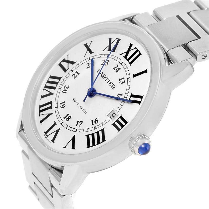 The image shows a close-up, angled view of the dial, crown, and bracelet of the Cartier Ronde W6701011 Men's Stainless Steel Silver Dial W6701011 Men's Stainless Steel Silver Dial model watch.