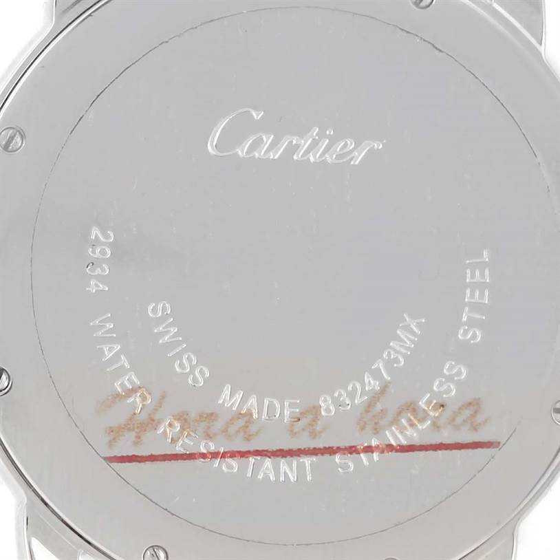 The image shows the back case of a Cartier Ronde W6700255 Stainless Steel Silver Dial W6700255 Stainless Steel Silver Dial model watch in a close-up view.