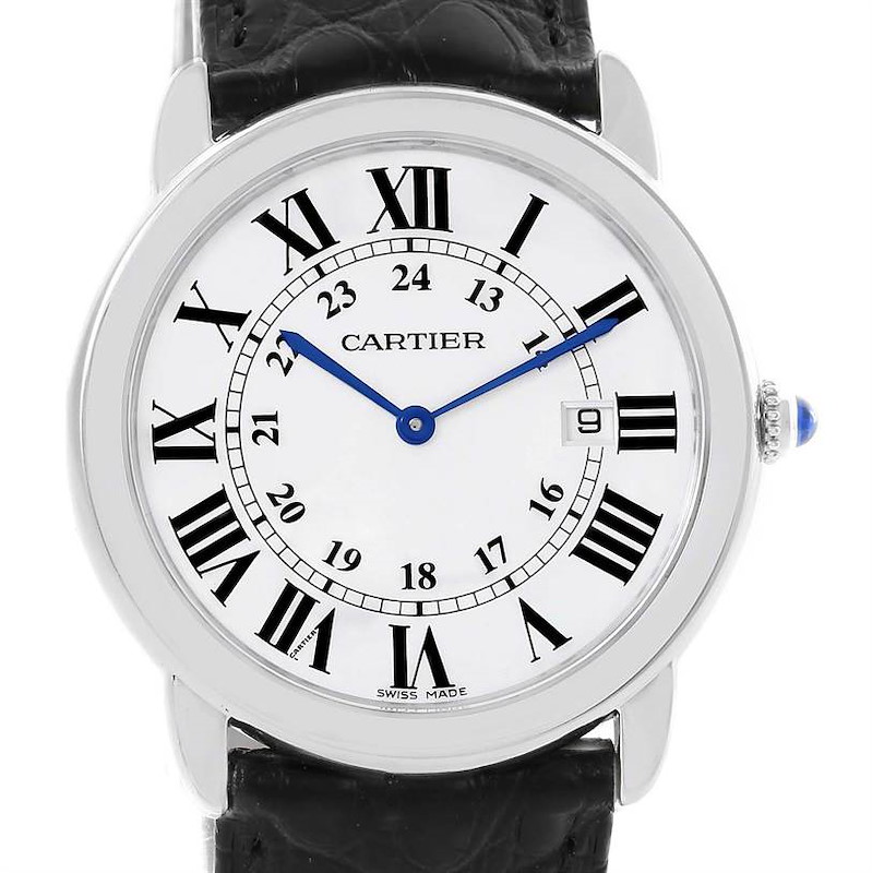 The image shows a frontal view of a Cartier Ronde model watch displaying its dial, hands, Roman numerals, and date window.