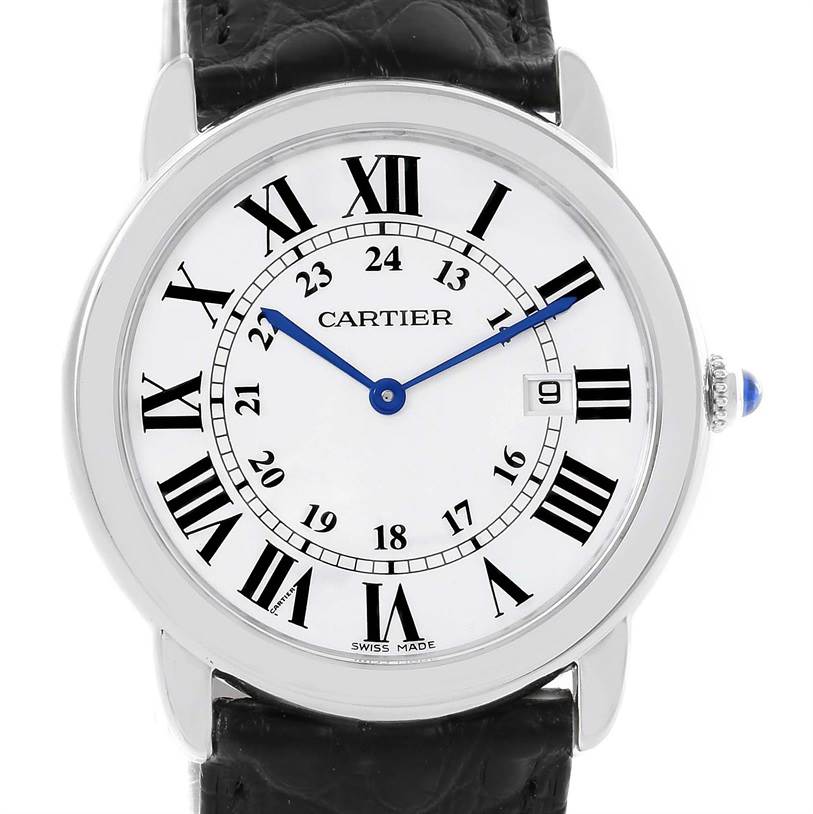 The image shows a frontal view of a Cartier Ronde W6700255 Stainless Steel Silver Dial W6700255 Stainless Steel Silver Dial model watch displaying its dial, hands, Roman numerals, and date window.