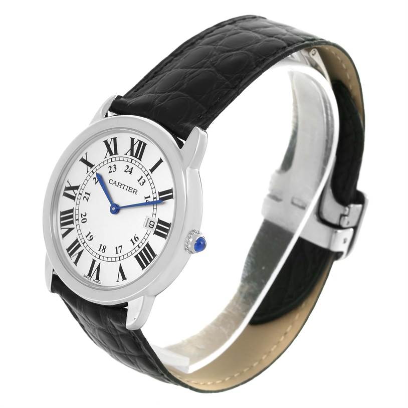 The image shows a Ronde model Cartier watch at an angled side view, highlighting the face, Roman numerals, and black leather strap.