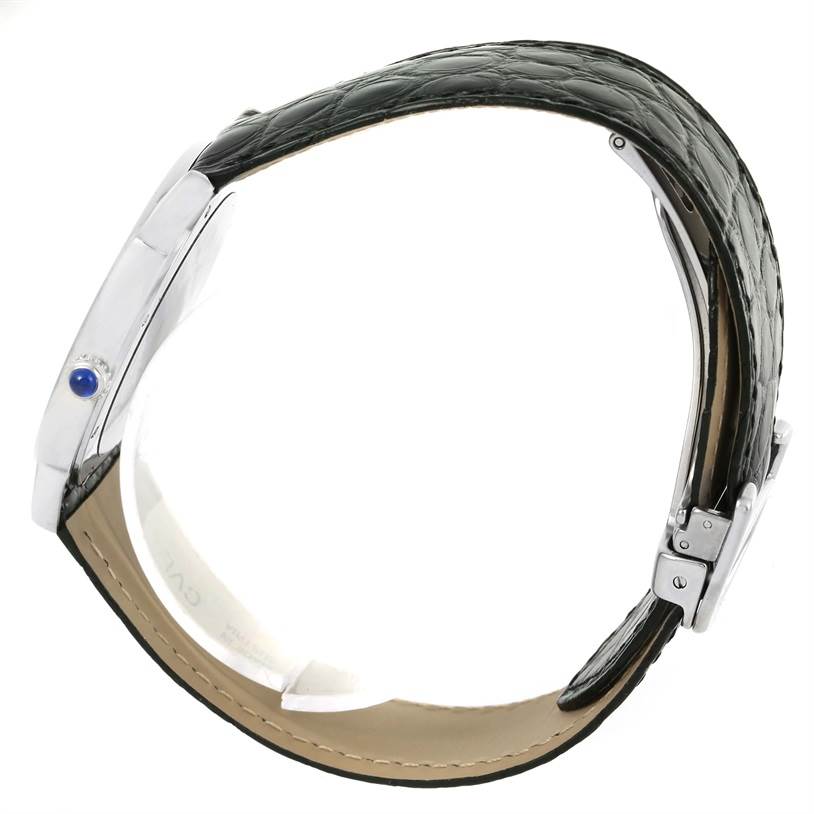 The image shows a side angle of the Cartier Ronde W6700255 Stainless Steel Silver Dial W6700255 Stainless Steel Silver Dial watch, highlighting its case, crown, and leather strap.