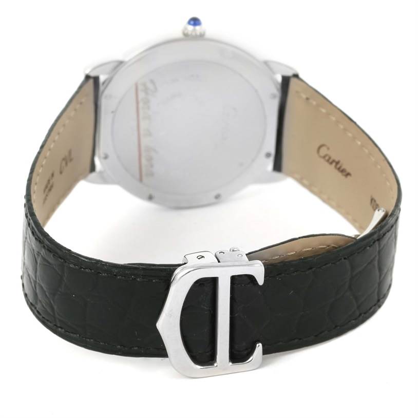 The image shows the back view of a Cartier Ronde W6700255 Stainless Steel Silver Dial W6700255 Stainless Steel Silver Dial model watch, highlighting its leather strap and deployment clasp.