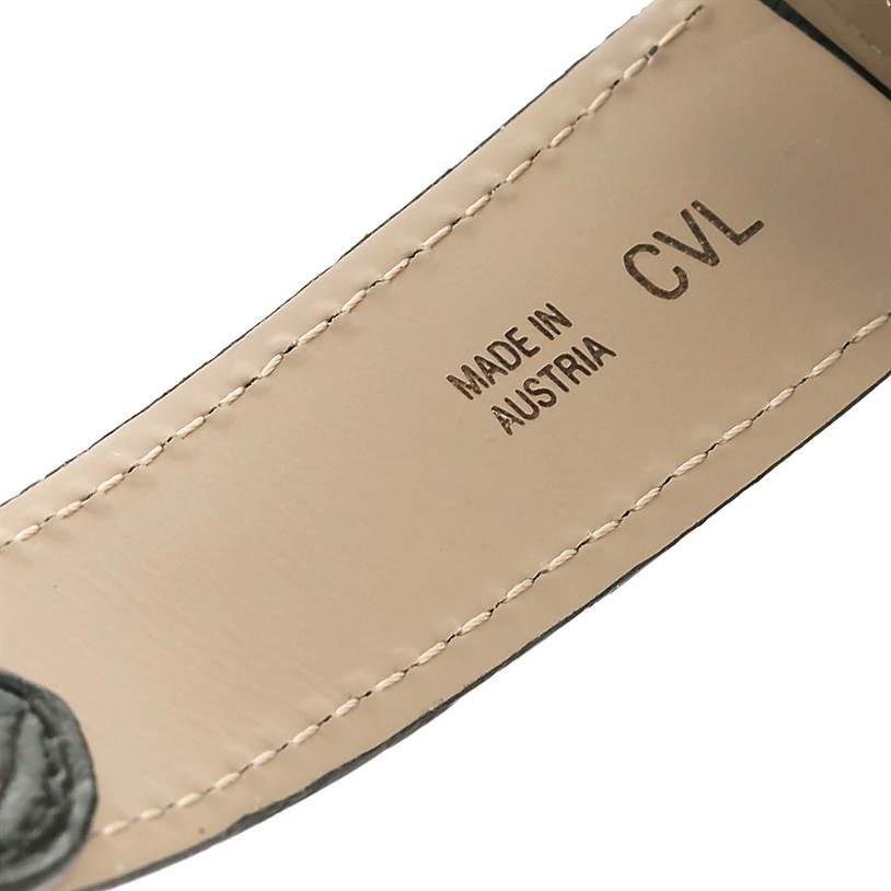 The image shows a close-up view of the underside of a leather strap for the Cartier Ronde W6700255 Stainless Steel Silver Dial W6700255 Stainless Steel Silver Dial model watch, marked "Made in Austria CVL."