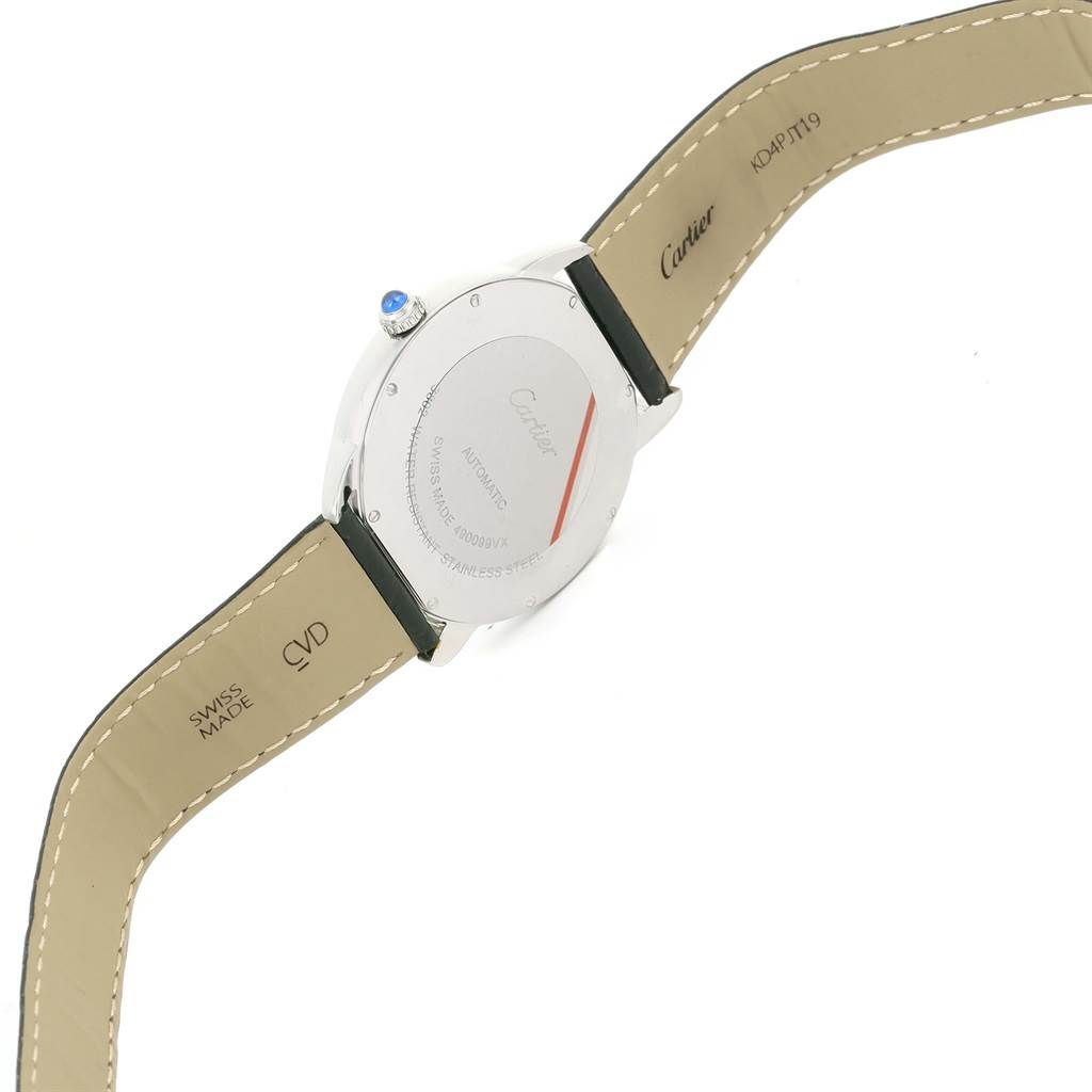 This image shows the back of the Ronde model by Cartier, including the case back and leather straps.