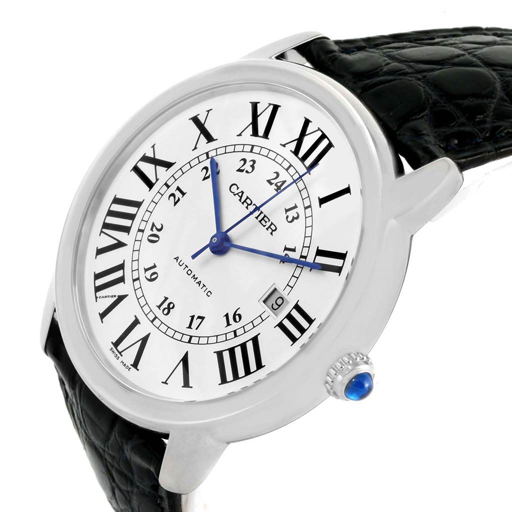 This image shows a Cartier Ronde W6701010 Men
s Stainless Steel Silver Dial W6701010 Men
s Stainless Steel Silver Dial model watch at a three-quarter angle, showcasing its face, black strap, and side crown.