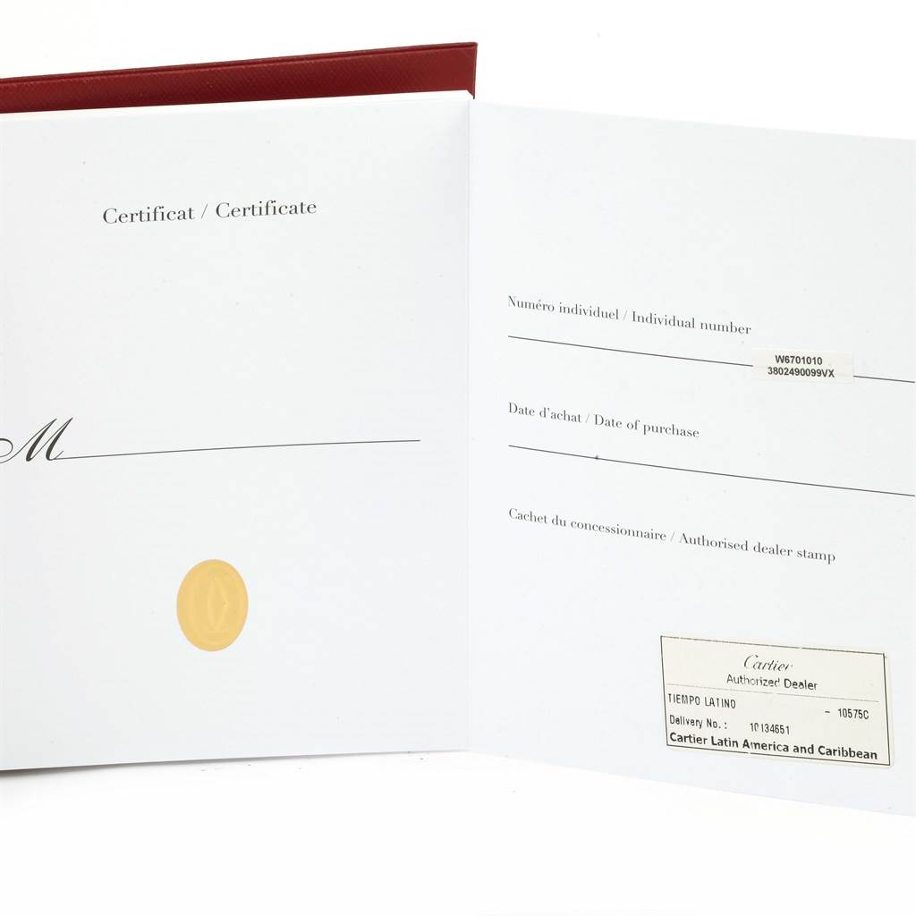 This image shows the certificate and warranty card for a Cartier Ronde W6701010 Men
s Stainless Steel Silver Dial W6701010 Men
s Stainless Steel Silver Dial watch.