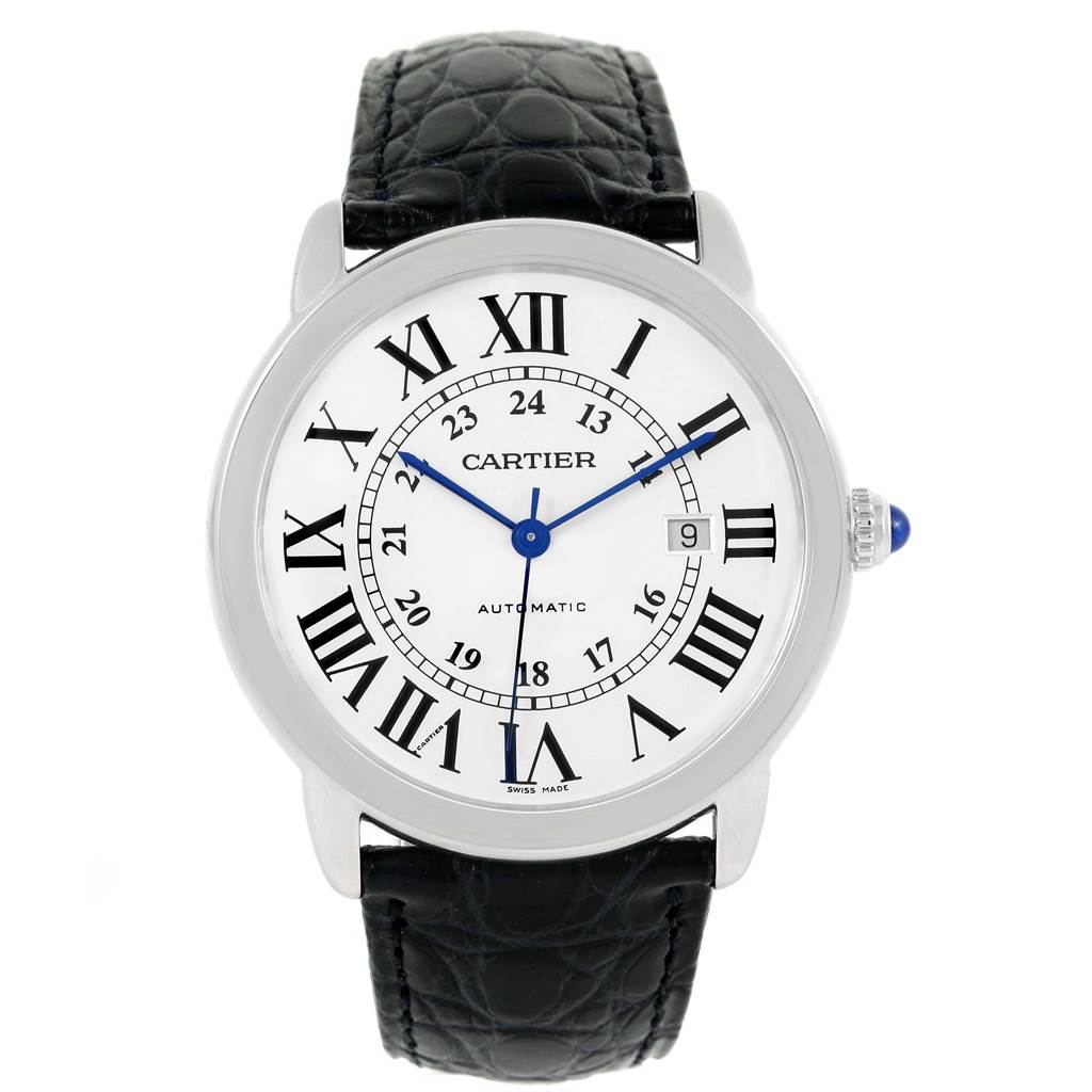 This image shows a front view of the Cartier Ronde W6701010 Men's Stainless Steel Silver Dial W6701010 Men's Stainless Steel Silver Dial watch, highlighting the dial, hands, and strap.