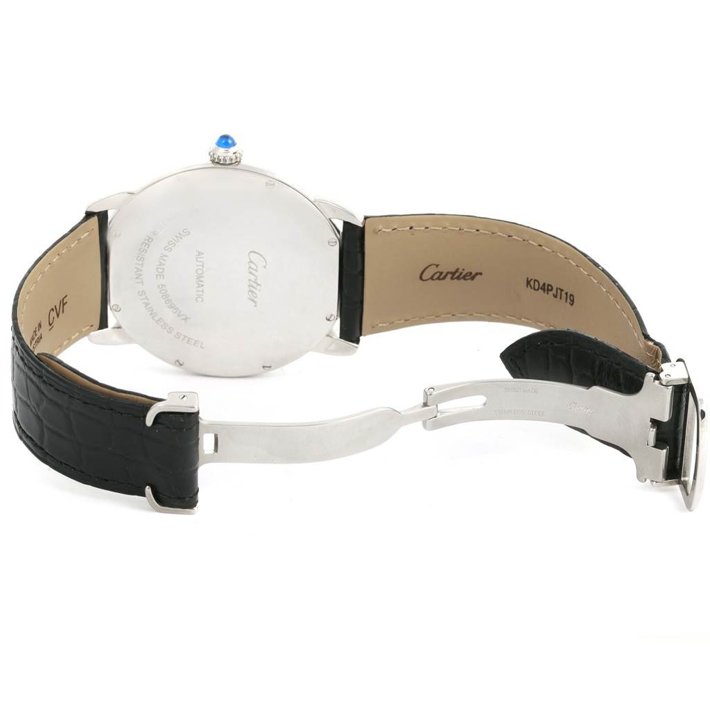 The image shows the back case, crown, and clasp of the Cartier Ronde W6701010 Men's Stainless Steel Silver Dial W6701010 Men's Stainless Steel Silver Dial model watch.