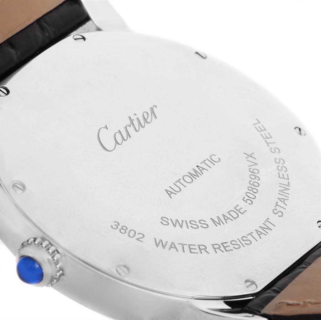 The image shows the back case and crown of the Cartier Ronde W6701010 Men's Stainless Steel Silver Dial W6701010 Men's Stainless Steel Silver Dial model watch.