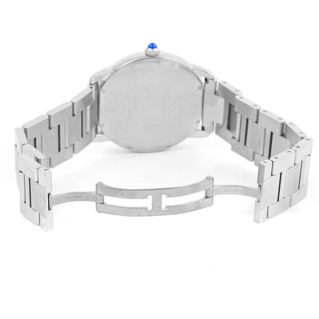 The image shows the back case and open stainless steel strap of a Cartier Ronde W6701011 Men's Stainless Steel Silver Dial W6701011 Men's Stainless Steel Silver Dial watch.