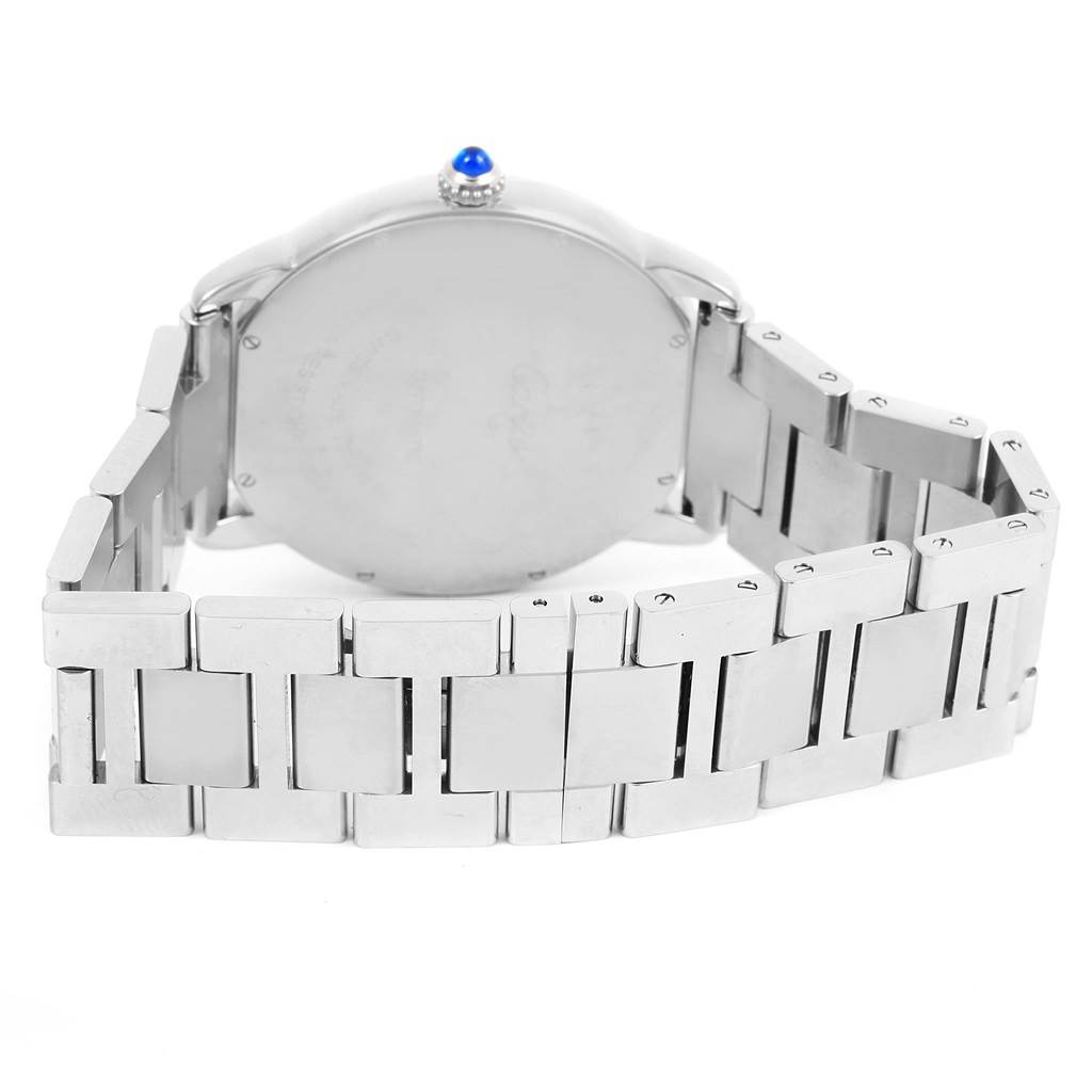 The image shows the back and bracelet of a Cartier Ronde W6701011 Men's Stainless Steel Silver Dial W6701011 Men's Stainless Steel Silver Dial watch, viewed from a slightly elevated angle.