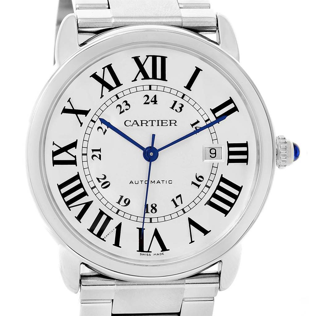 The image shows a frontal view of a Cartier Ronde W6701011 Men's Stainless Steel Silver Dial W6701011 Men's Stainless Steel Silver Dial watch, displaying its dial, hands, date window, and part of the bracelet.
