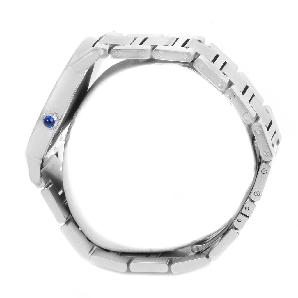 This side profile of the Cartier Ronde W6701011 Men's Stainless Steel Silver Dial W6701011 Men's Stainless Steel Silver Dial watch shows its crown with a blue cabochon, and the linked bracelet.