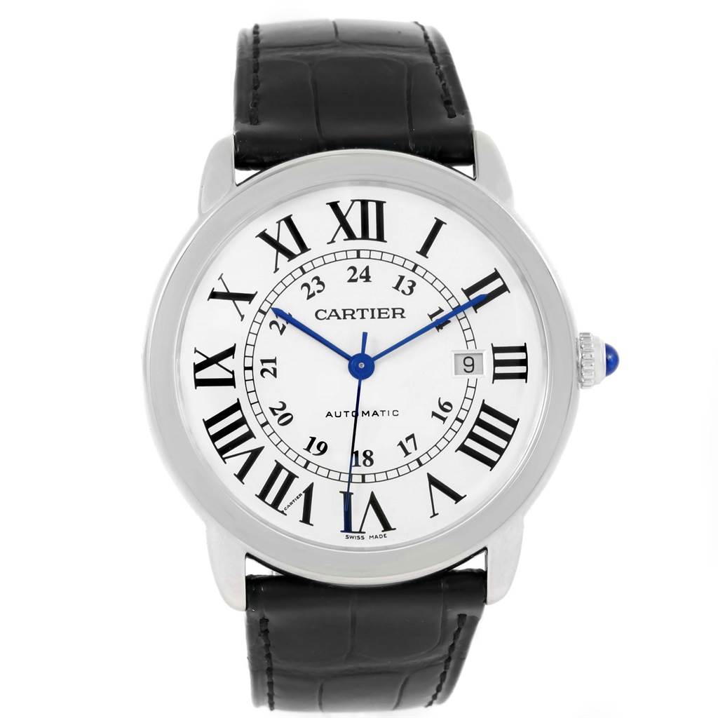This image shows a front view of a Cartier Ronde W6701010 Men's Stainless Steel Silver Dial W6701010 Men's Stainless Steel Silver Dial model watch, featuring Roman numerals, a date window, and a black leather strap.