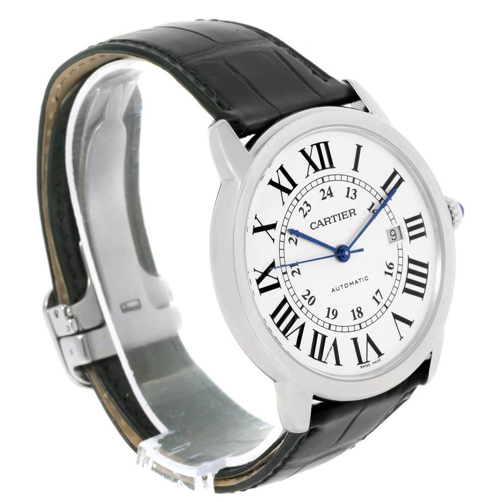 The image features a Cartier Ronde W6701010 Men's Stainless Steel Silver Dial W6701010 Men's Stainless Steel Silver Dial watch at a side angle, displaying the face, Roman numeral markers, and leather strap.