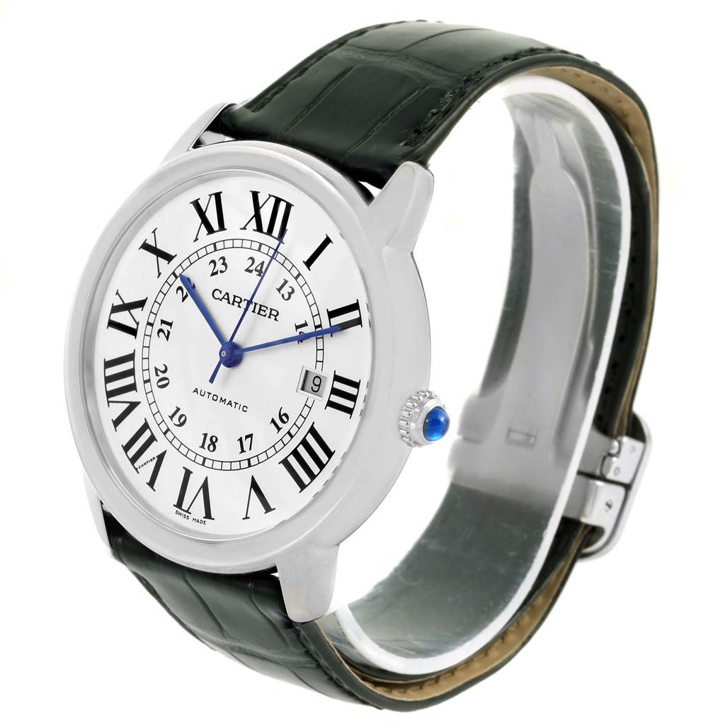 The image shows a side and slightly angled view of the Cartier Ronde W6701010 Men's Stainless Steel Silver Dial W6701010 Men's Stainless Steel Silver Dial watch, highlighting its face, strap, and crown.