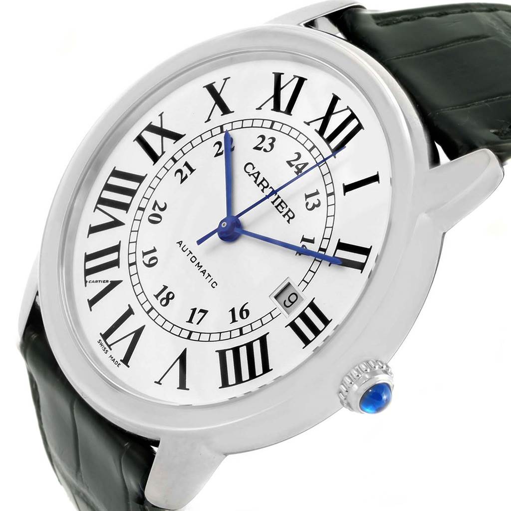 The image shows a close-up, angled view of the Cartier Ronde W6701010 Men's Stainless Steel Silver Dial W6701010 Men's Stainless Steel Silver Dial watch, featuring its face, bezel, crown, and part of the strap.