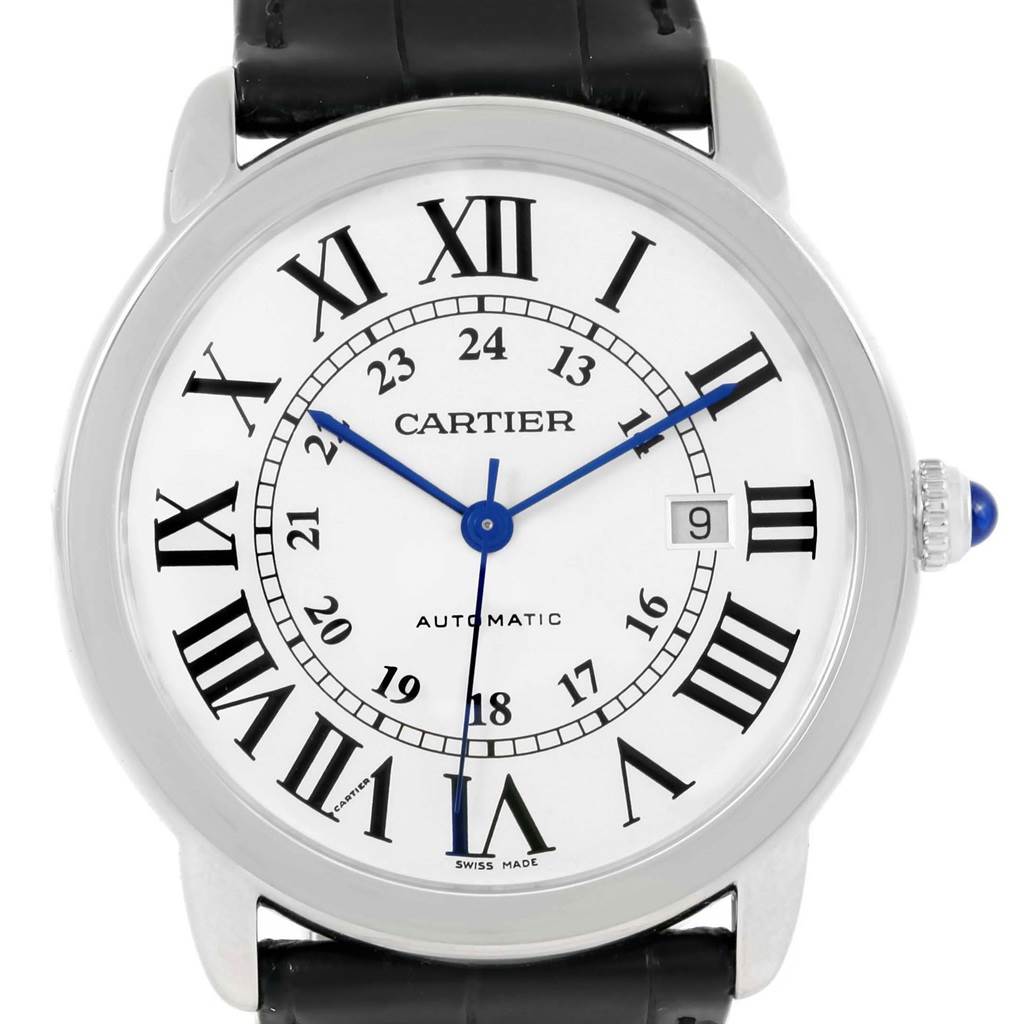 This image shows a front view of a Cartier Ronde W6701010 Men's Stainless Steel Silver Dial W6701010 Men's Stainless Steel Silver Dial model watch, displaying its face, Roman numerals, and black leather strap.