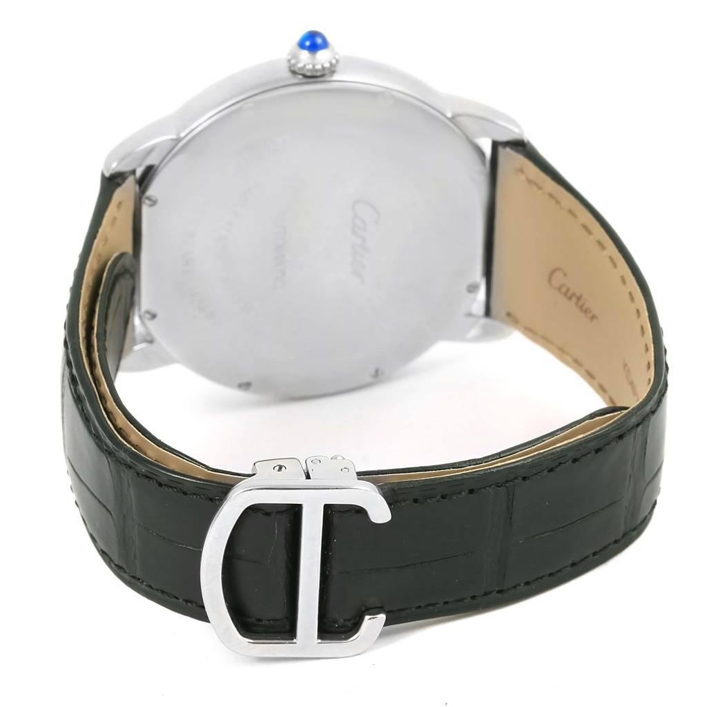 The image shows the back of the Cartier Ronde W6701010 Men's Stainless Steel Silver Dial W6701010 Men's Stainless Steel Silver Dial watch, highlighting the leather strap and metal clasp.