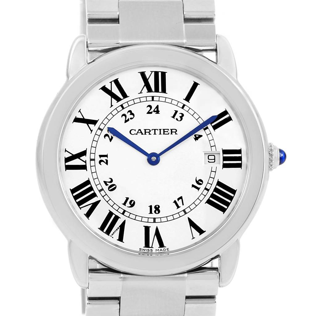 The image shows a front view of the Cartier Ronde W6701005 Men
s Stainless Steel Silver Dial W6701005 Men
s Stainless Steel Silver Dial watch, displaying its face, hour markers, hands, and part of the metal bracelet.