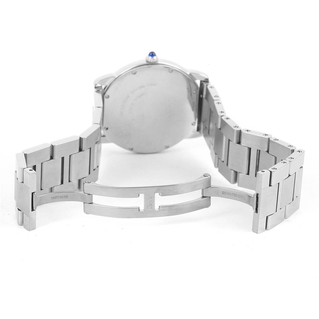 The image shows the back of a Cartier Ronde W6701005 Men
s Stainless Steel Silver Dial W6701005 Men
s Stainless Steel Silver Dial watch, highlighting its case and open metal bracelet.