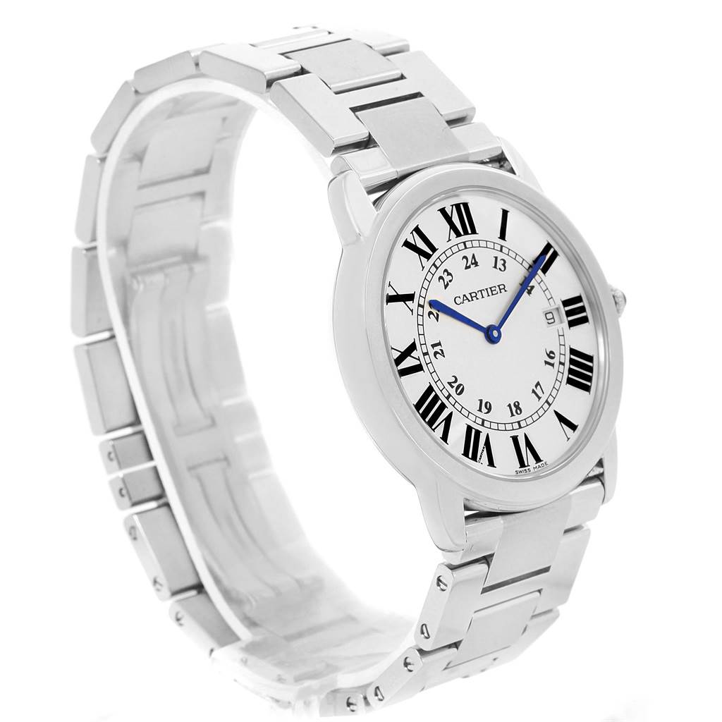 The image shows a Cartier Ronde W6701005 Men
s Stainless Steel Silver Dial W6701005 Men
s Stainless Steel Silver Dial model watch angled to display its face and metal bracelet band.