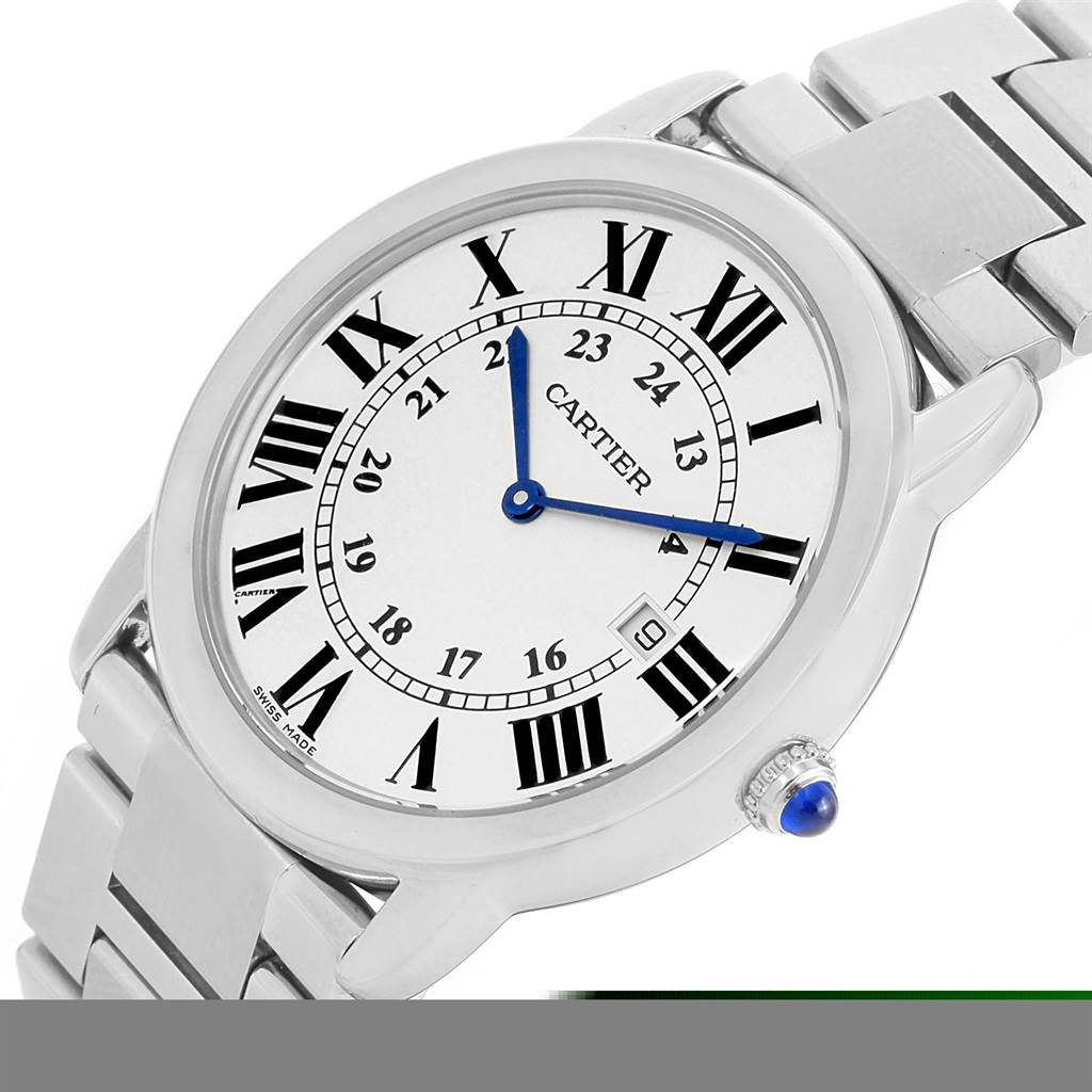 A Cartier Ronde W6701005 Men
s Stainless Steel Silver Dial W6701005 Men
s Stainless Steel Silver Dial model watch is shown at an angle displaying its face, bezel, and bracelet.