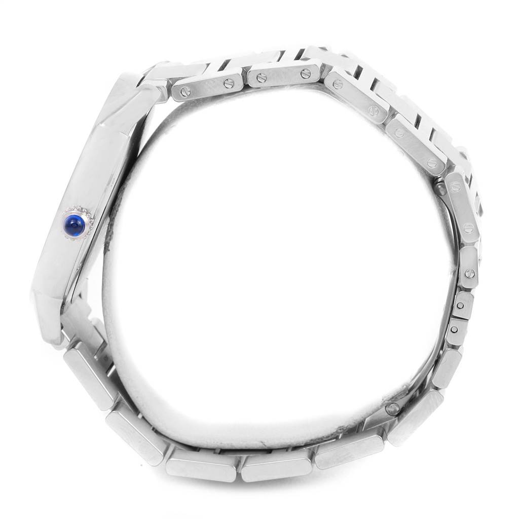 This image shows a side view of a Cartier Ronde W6701011 Men
s Stainless Steel Silver Dial W6701011 Men
s Stainless Steel Silver Dial watch, highlighting the crown and bracelet links.