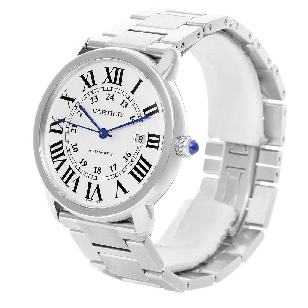 The image shows a front angle of the Cartier Ronde W6701011 Men
s Stainless Steel Silver Dial W6701011 Men
s Stainless Steel Silver Dial watch, highlighting its face, hands, and metal bracelet.