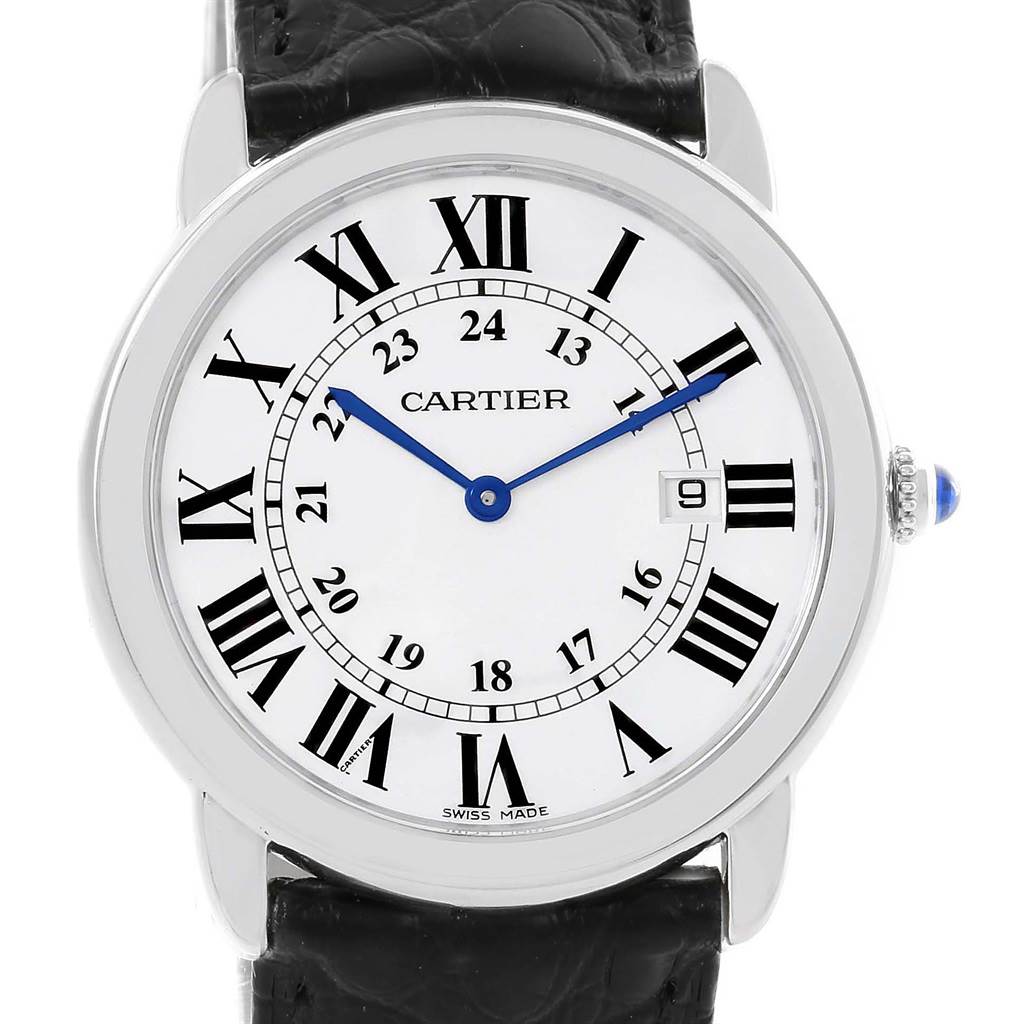 The image shows a front view of the Cartier Ronde W6700255 Stainless Steel Silver Dial W6700255 Stainless Steel Silver Dial watch, highlighting its dial, case, leather strap, and blue hands.
