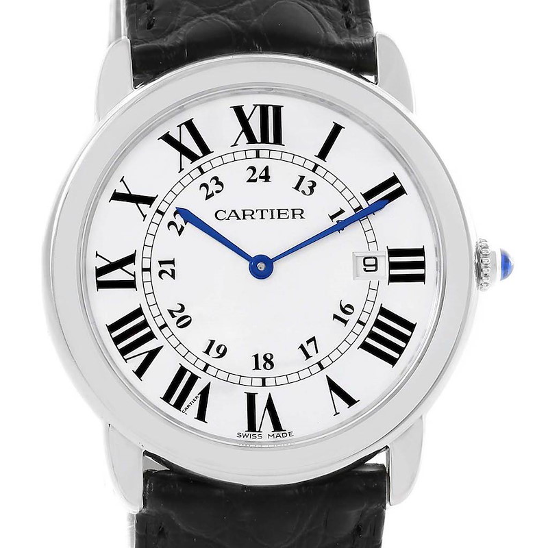 The image shows a front view of the Cartier Ronde watch, highlighting its dial, case, leather strap, and blue hands.