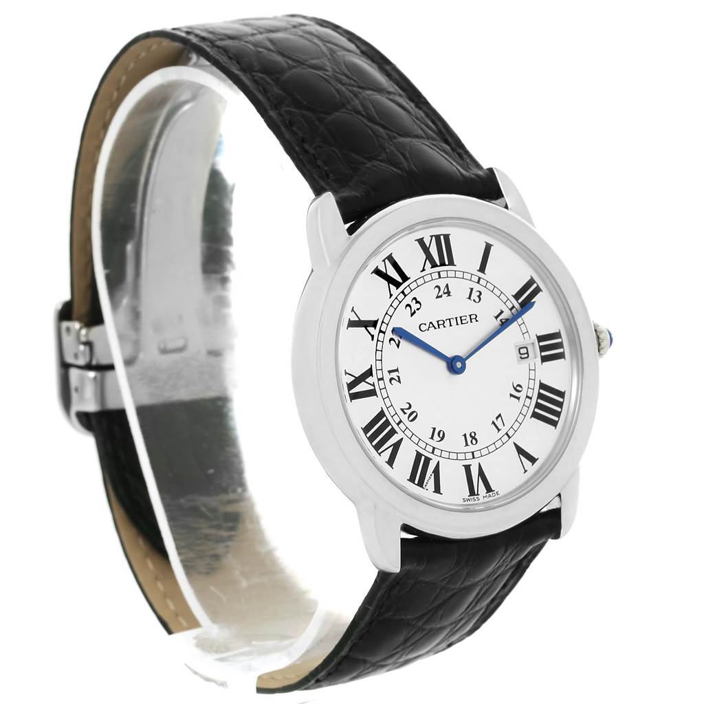 The Cartier Ronde W6700255 Stainless Steel Silver Dial W6700255 Stainless Steel Silver Dial watch is shown from a slight side angle, displaying the face, bezel, strap, and part of the clasp.
