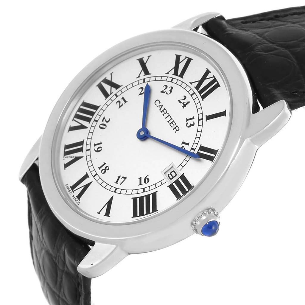 This Cartier Ronde W6700255 Stainless Steel Silver Dial W6700255 Stainless Steel Silver Dial watch is shown at an angled close-up, highlighting the dial, Roman numerals, and part of the leather strap.
