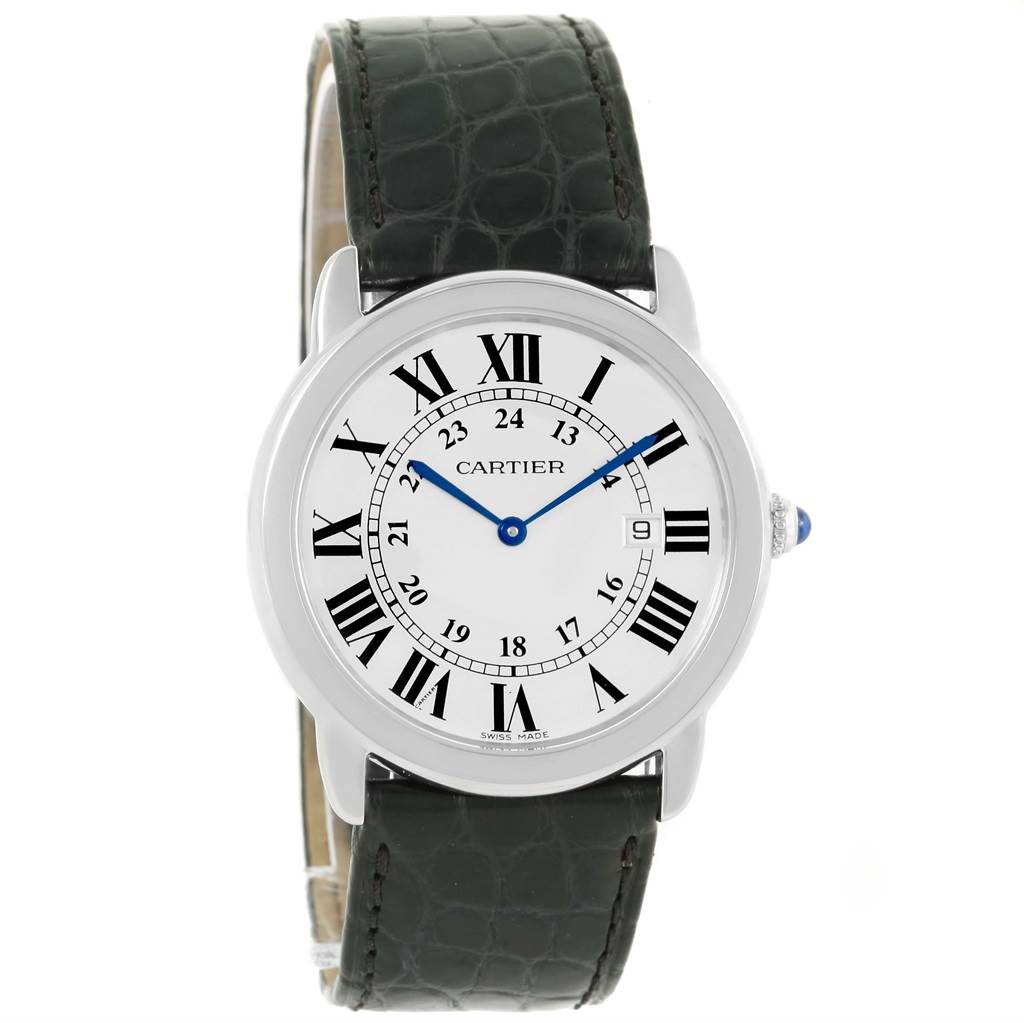 The image shows a frontal view of the Cartier Ronde W6700255 Stainless Steel Silver Dial W6700255 Stainless Steel Silver Dial model watch, highlighting its dial, hands, bezel, and leather strap.