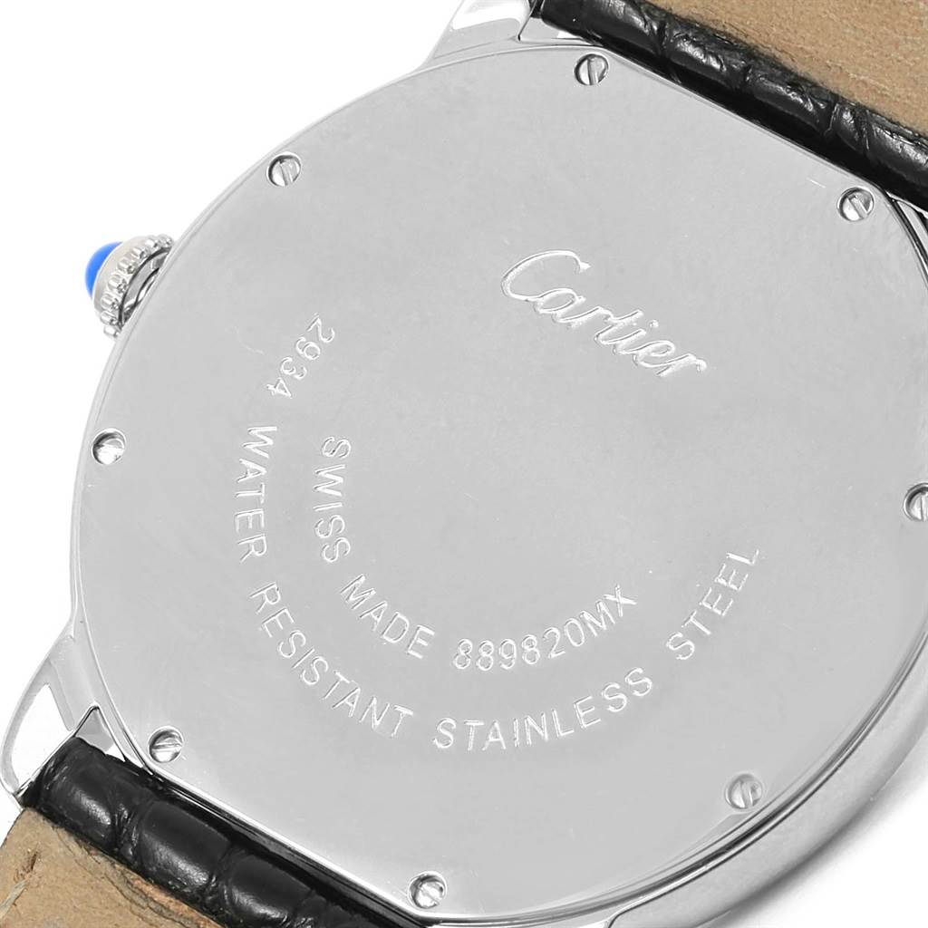 The photo shows the back case of a Cartier Ronde W6700255 Stainless Steel Silver Dial W6700255 Stainless Steel Silver Dial watch, highlighting the brand engravings and water resistance information.