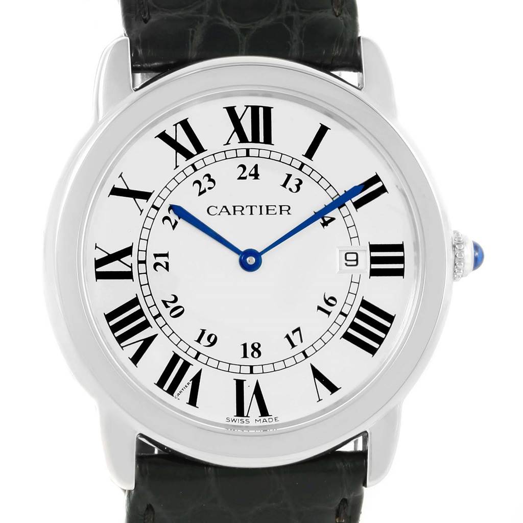 The image shows a front view of the Cartier Ronde W6700255 Stainless Steel Silver Dial W6700255 Stainless Steel Silver Dial watch, highlighting the dial with Roman numerals, blue hands, and the crown with a blue cabochon.