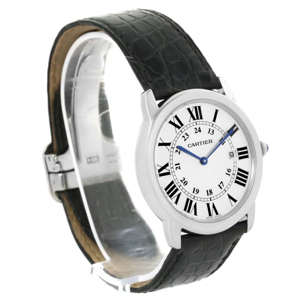 The Cartier Ronde W6700255 Stainless Steel Silver Dial W6700255 Stainless Steel Silver Dial watch is shown at a slight side angle, displaying its face, leather strap, and silver casing.