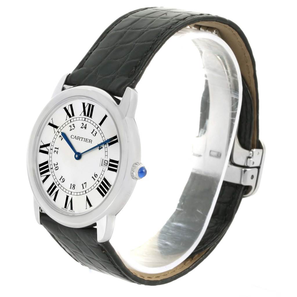 The Cartier Ronde W6700255 Stainless Steel Silver Dial W6700255 Stainless Steel Silver Dial model watch is shown at a slight left-side angle, displaying its face, bezel, crown, and leather strap.