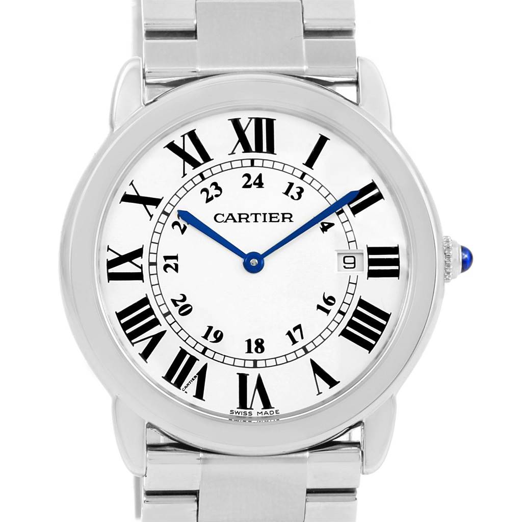 This image shows a frontal view of the Cartier Ronde W6701005 Stainless Steel Silver Dial W6701005 Stainless Steel Silver Dial watch displaying its face, bracelet, and crown.