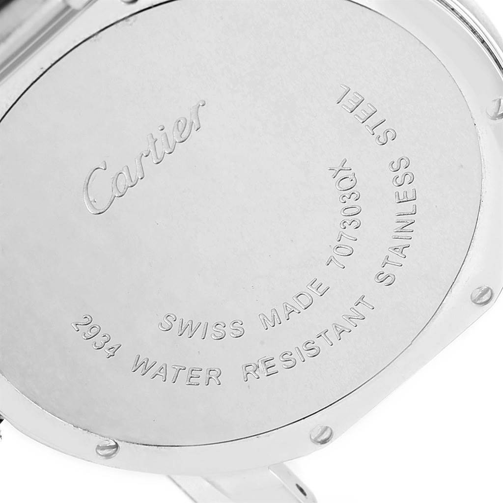 The image shows the back case of a Cartier Ronde W6701005 Stainless Steel Silver Dial W6701005 Stainless Steel Silver Dial watch, displaying engraved details like "Cartier," "Swiss Made," and water resistance information.